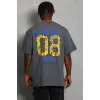 Unisex Oversize Baskılı Bisiklet Yaka T-Shirt - Füme - 93219