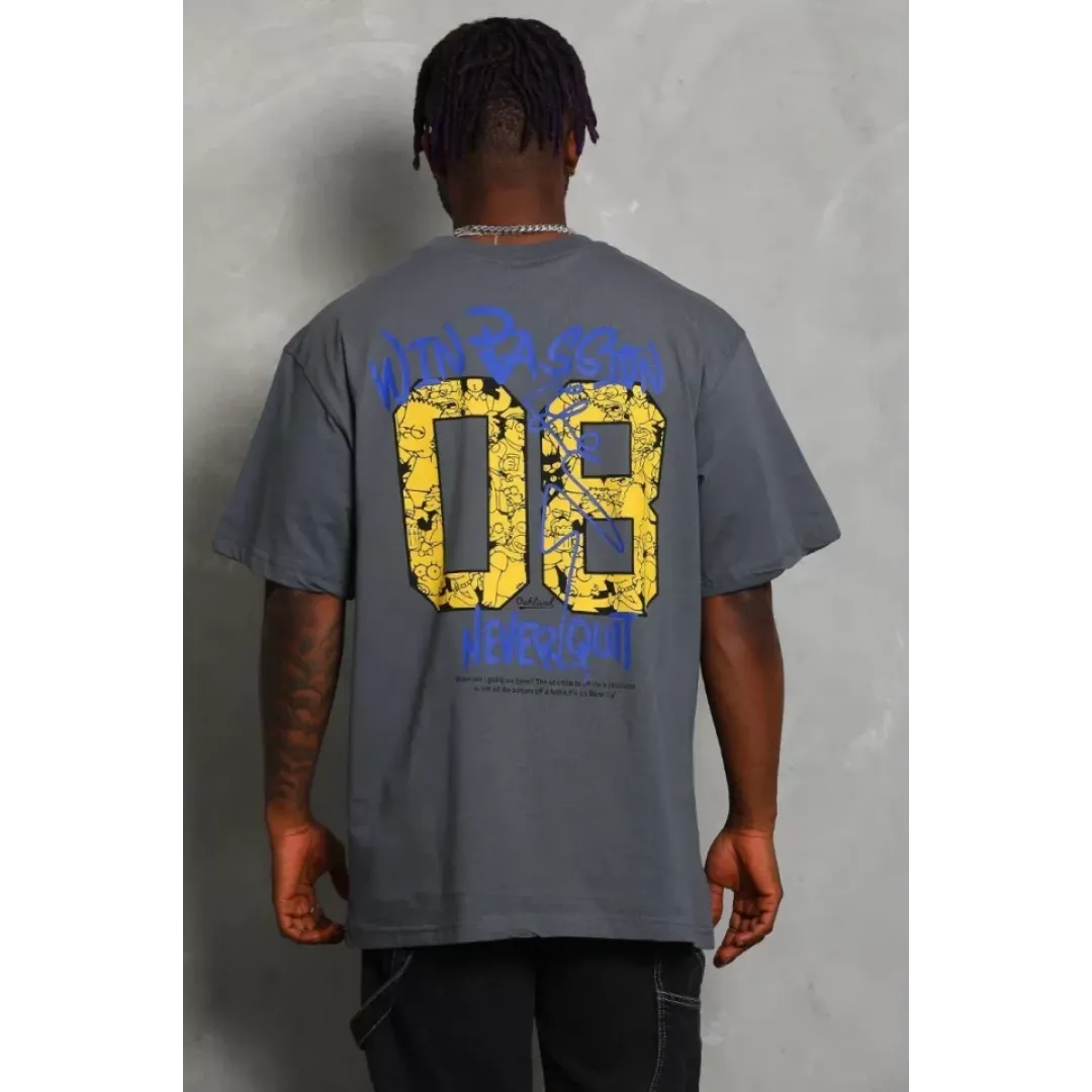 Unisex Oversize Baskılı Bisiklet Yaka T-Shirt - Füme - 93219
