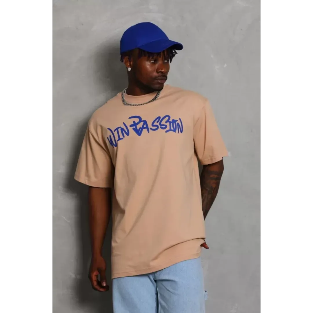 Unisex Oversize Baskılı Bisiklet Yaka T-Shirt - Bej - 93220 Unisex Oversize Baskılı Bisiklet Yaka T-Shirt - Bej - 93220