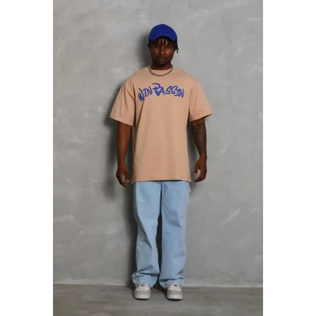 Unisex Oversize Baskılı Bisiklet Yaka T-Shirt - Bej - 93220 Unisex Oversize Baskılı Bisiklet Yaka T-Shirt - Bej - 93220