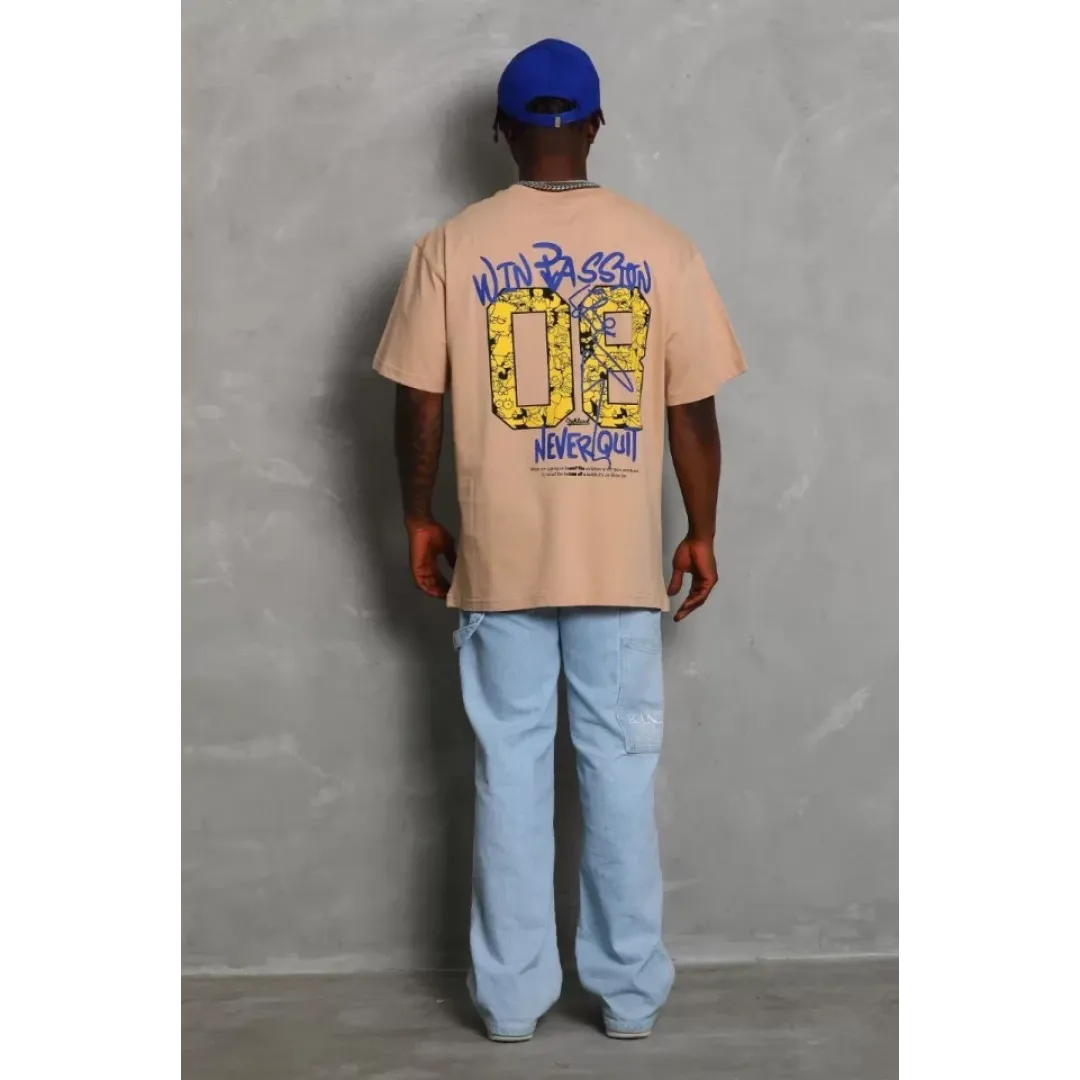 Unisex Oversize Baskılı Bisiklet Yaka T-Shirt - Bej - 93220 Unisex Oversize Baskılı Bisiklet Yaka T-Shirt - Bej - 93220