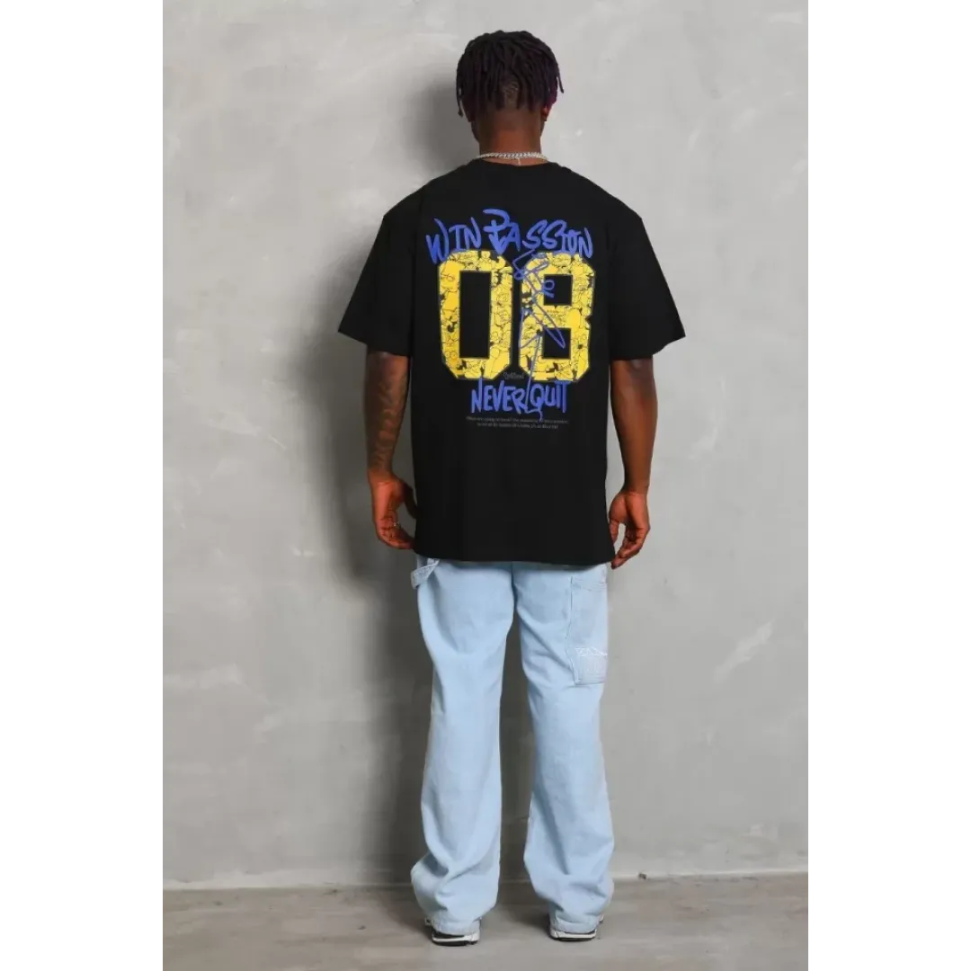 Unisex Oversize Baskılı Bisiklet Yaka T-Shirt - Siyah - 93221 Unisex Oversize Baskılı Bisiklet Yaka T-Shirt - Siyah - 93221