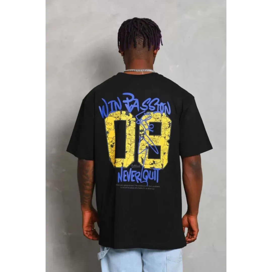 Unisex Oversize Baskılı Bisiklet Yaka T-Shirt - Siyah - 93221 Unisex Oversize Baskılı Bisiklet Yaka T-Shirt - Siyah - 93221