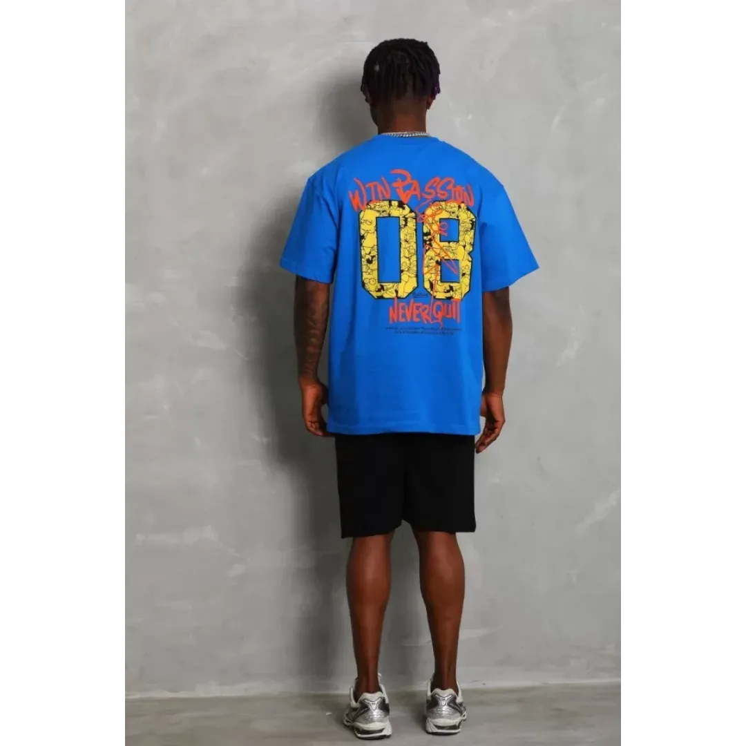 Unisex Oversize Baskılı Bisiklet Yaka T-Shirt - Mavi - 93222 Unisex Oversize Baskılı Bisiklet Yaka T-Shirt - Mavi - 93222