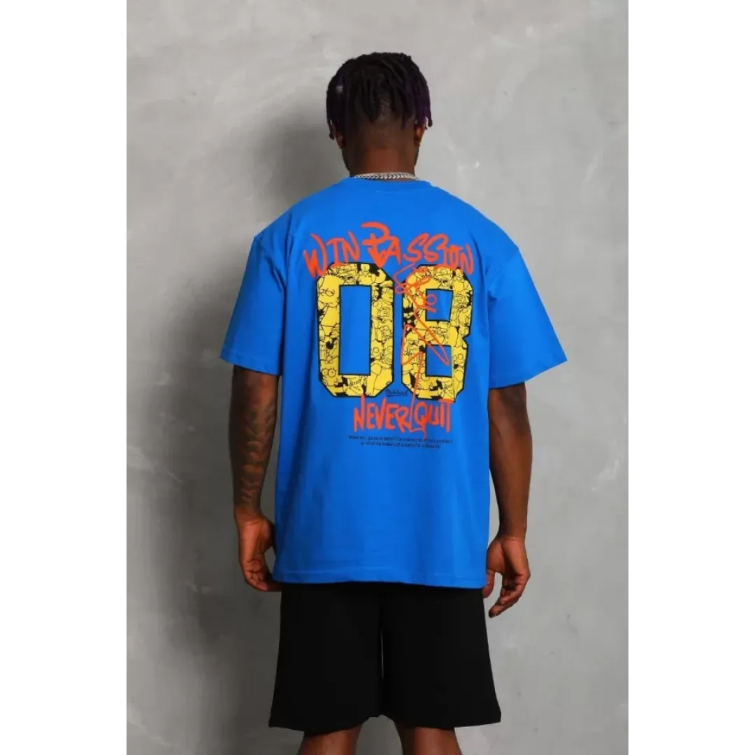 Unisex Oversize Baskılı Bisiklet Yaka T-Shirt - Mavi - 93222 Unisex Oversize Baskılı Bisiklet Yaka T-Shirt - Mavi - 93222
