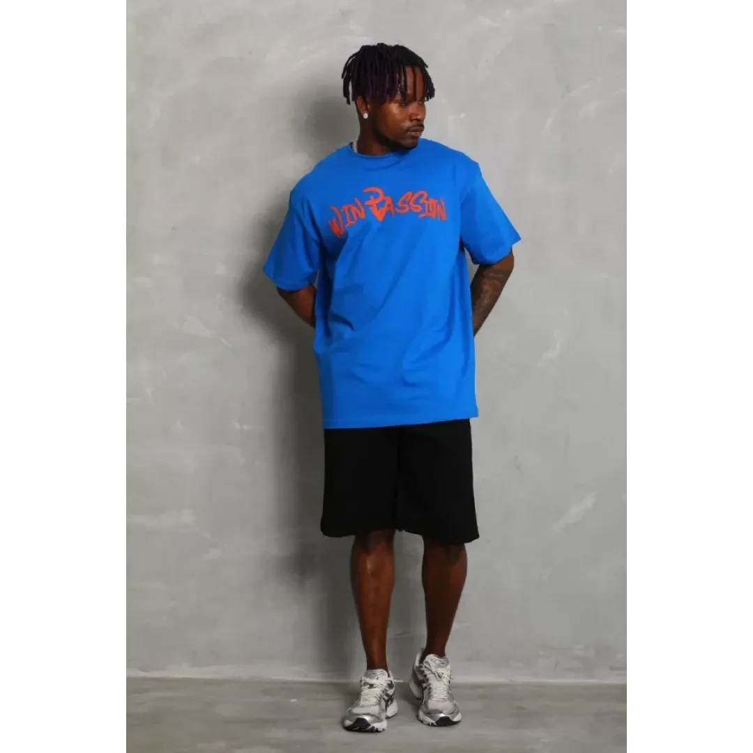 Unisex Oversize Baskılı Bisiklet Yaka T-Shirt - Mavi - 93222 Unisex Oversize Baskılı Bisiklet Yaka T-Shirt - Mavi - 93222