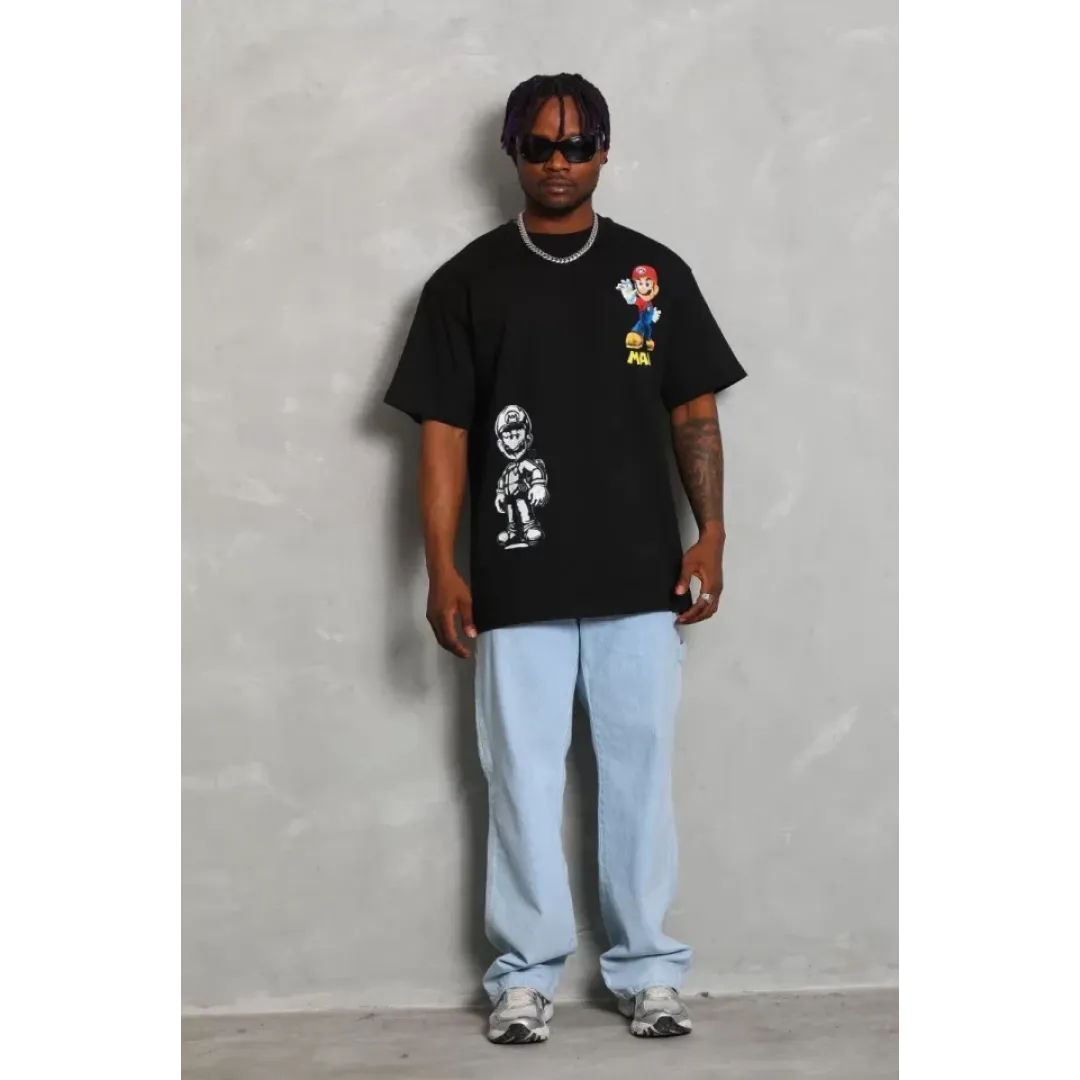 Unisex Oversize Baskılı Bisiklet Yaka T-Shirt - Siyah - 93225 Unisex Oversize Baskılı Bisiklet Yaka T-Shirt - Siyah - 93225