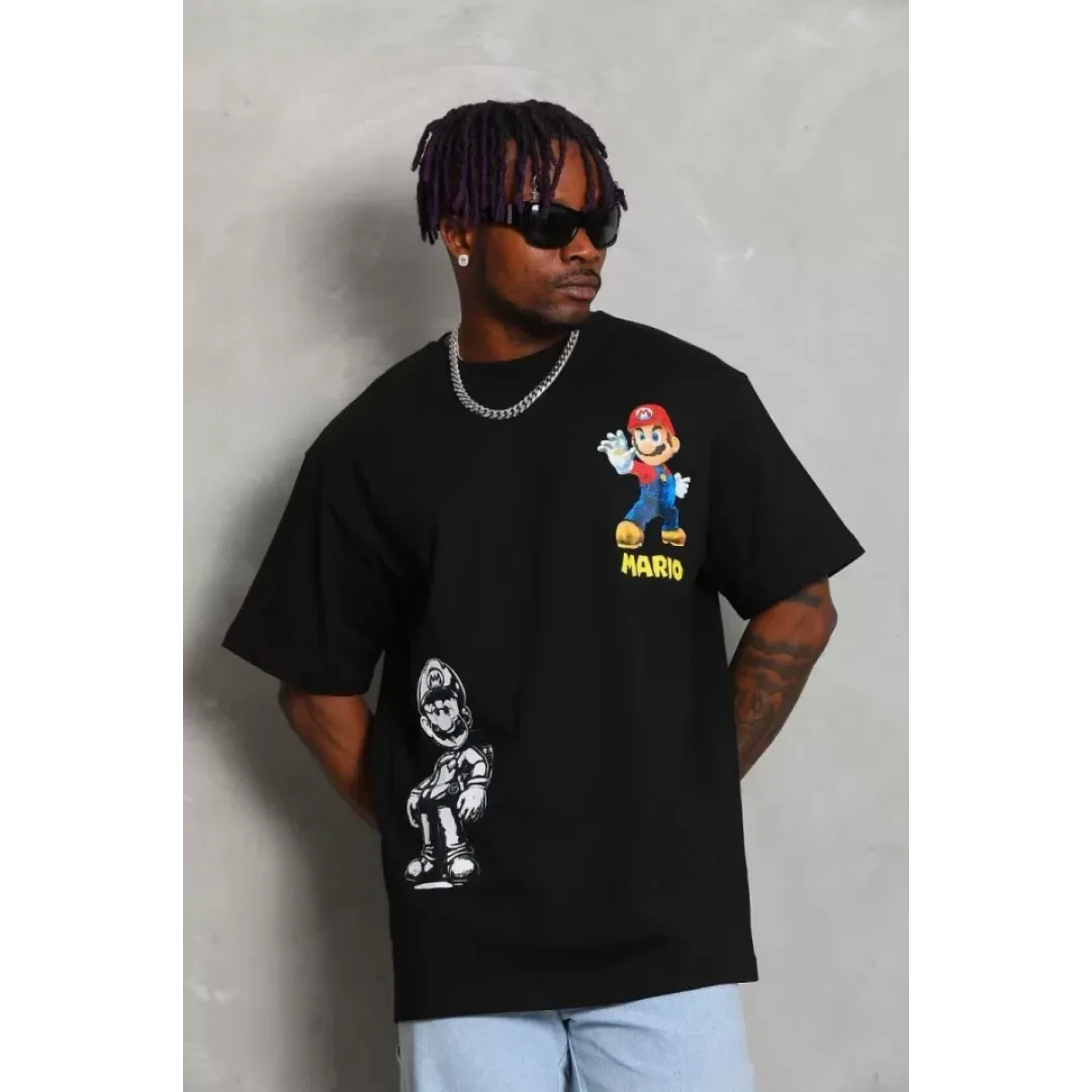 Unisex Oversize Baskılı Bisiklet Yaka T-Shirt - Siyah - 93225 Unisex Oversize Baskılı Bisiklet Yaka T-Shirt - Siyah - 93225