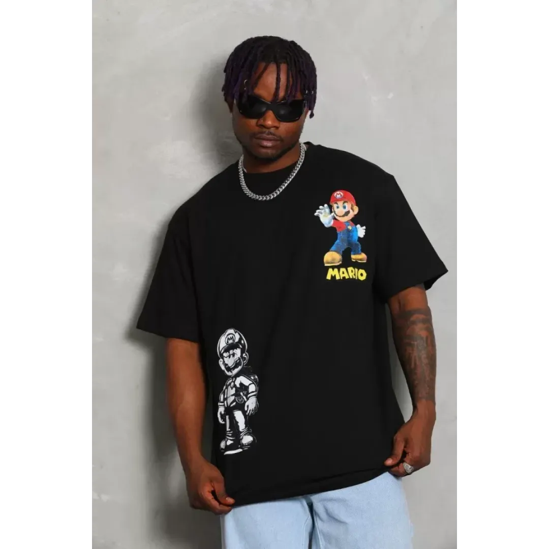 Unisex Oversize Baskılı Bisiklet Yaka T-Shirt - Siyah - 93225 Unisex Oversize Baskılı Bisiklet Yaka T-Shirt - Siyah - 93225
