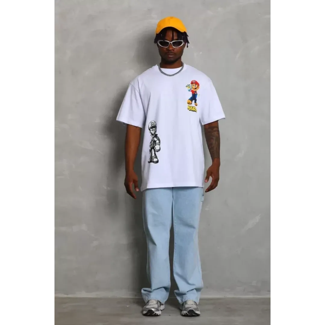 Unisex Oversize Baskılı Bisiklet Yaka T-Shirt - Beyaz - 93226