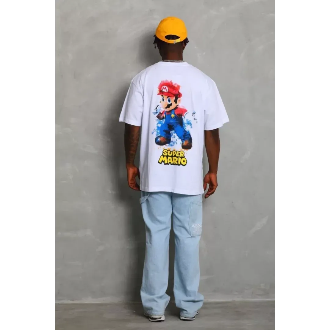 Unisex Oversize Baskılı Bisiklet Yaka T-Shirt - Beyaz - 93226