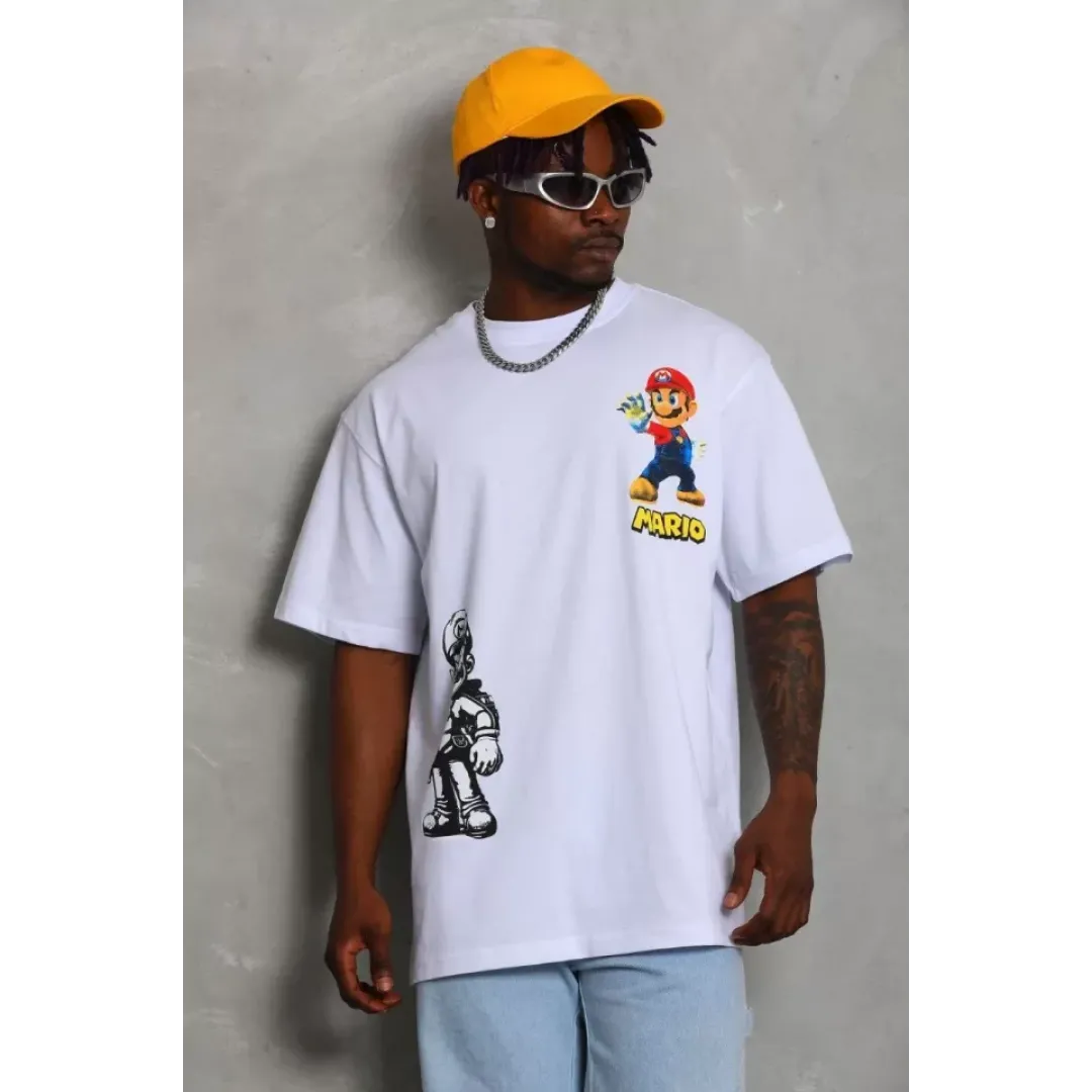 Unisex Oversize Baskılı Bisiklet Yaka T-Shirt - Beyaz - 93226