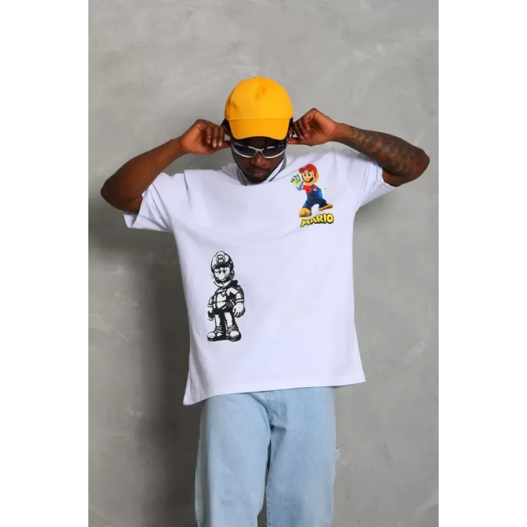 Unisex Oversize Baskılı Bisiklet Yaka T-Shirt - Beyaz - 93226