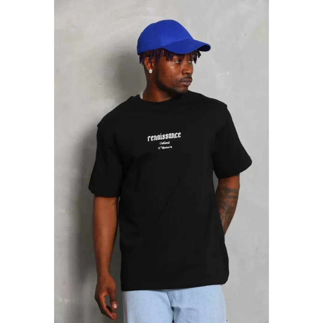 Unisex Oversize Baskılı Bisiklet Yaka T-Shirt - Siyah - 93229
