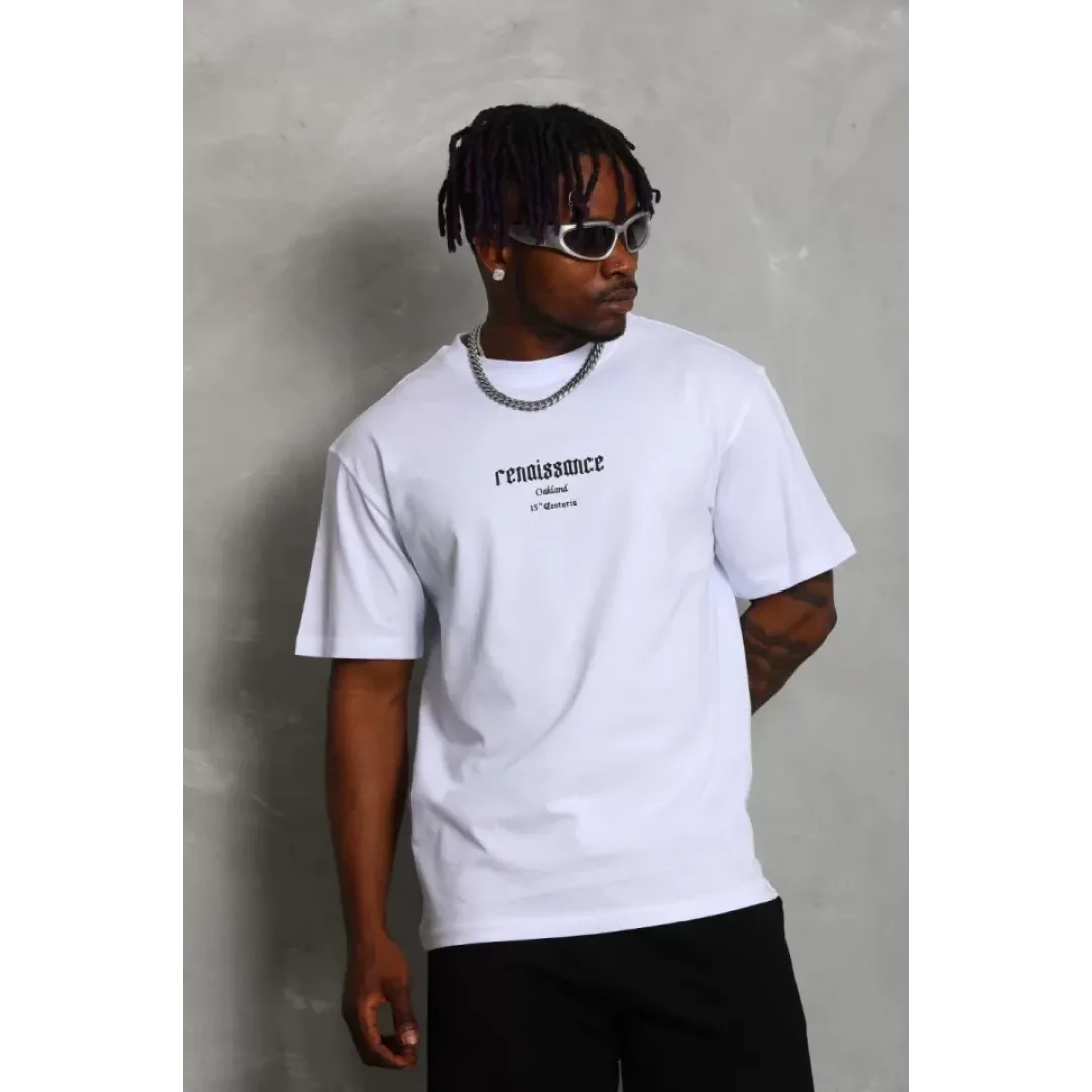 Unisex Oversize Baskılı Bisiklet Yaka T-Shirt - Beyaz - 93230