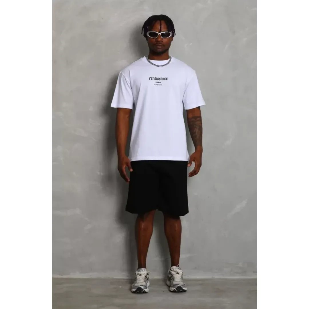 Unisex Oversize Baskılı Bisiklet Yaka T-Shirt - Beyaz - 93230