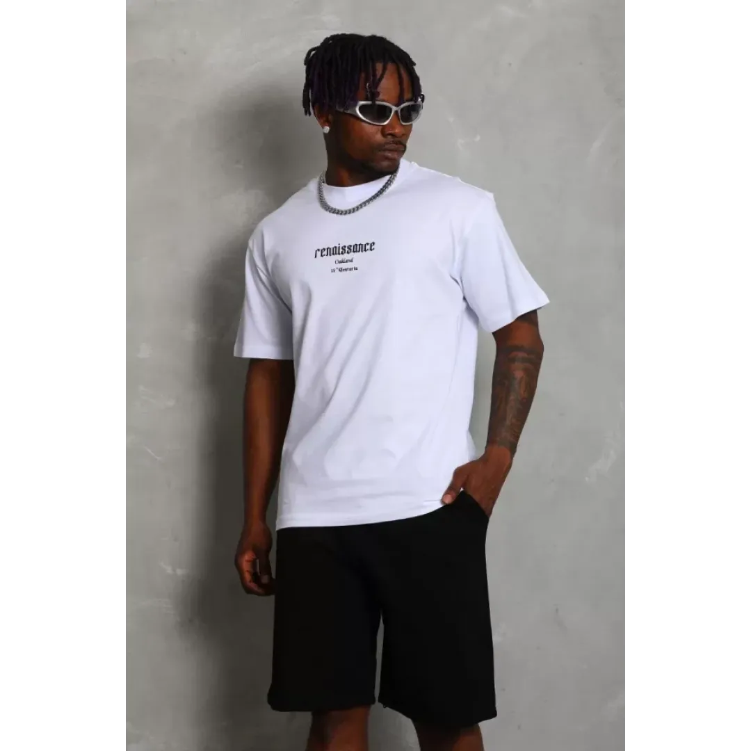 Unisex Oversize Baskılı Bisiklet Yaka T-Shirt - Beyaz - 93230