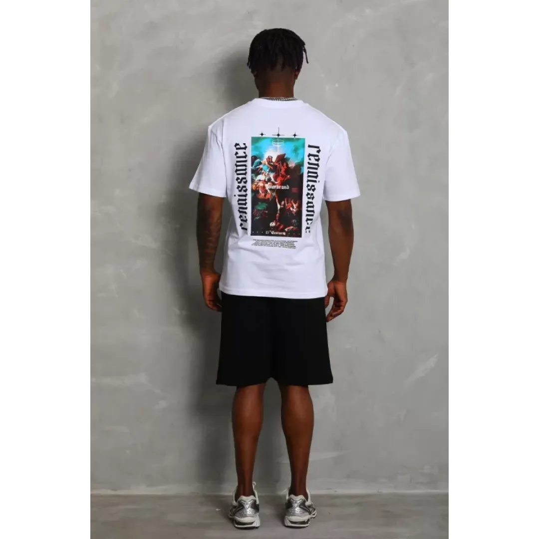 Unisex Oversize Baskılı Bisiklet Yaka T-Shirt - Beyaz - 93230