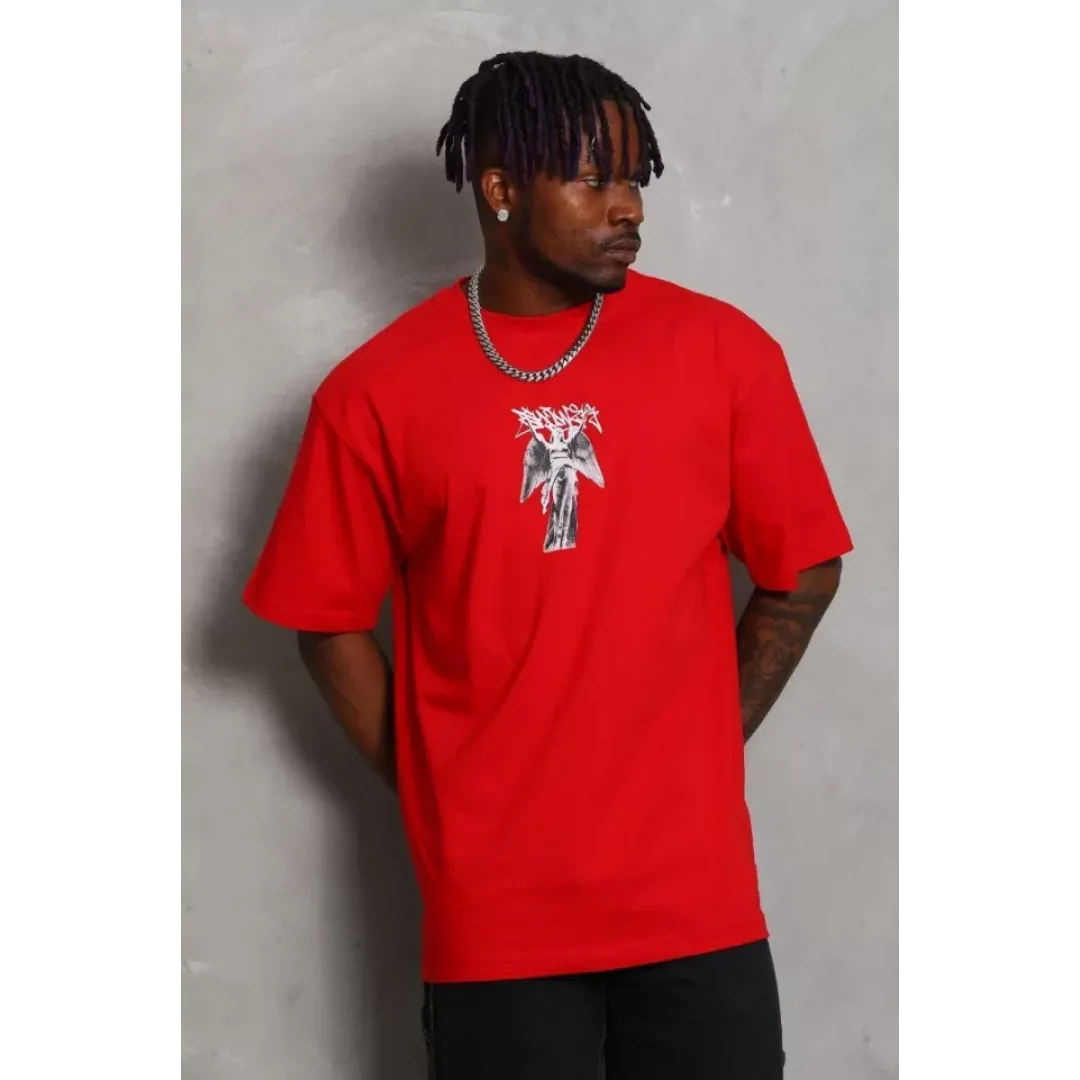 Unisex Oversize Baskılı Bisiklet Yaka T-Shirt - Kırmızı - 93233 Unisex Oversize Baskılı Bisiklet Yaka T-Shirt - Kırmızı - 93233