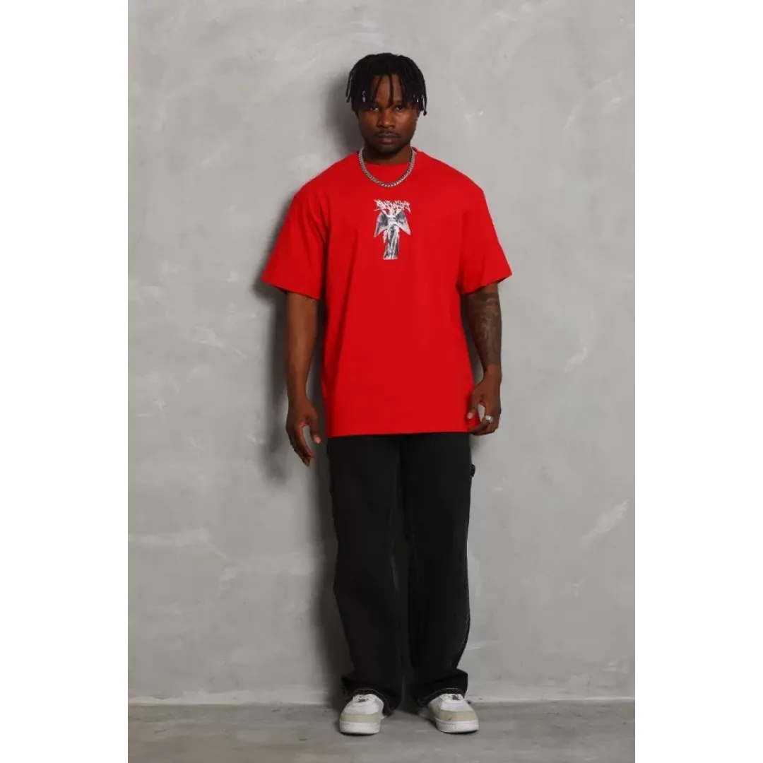 Unisex Oversize Baskılı Bisiklet Yaka T-Shirt - Kırmızı - 93233 Unisex Oversize Baskılı Bisiklet Yaka T-Shirt - Kırmızı - 93233
