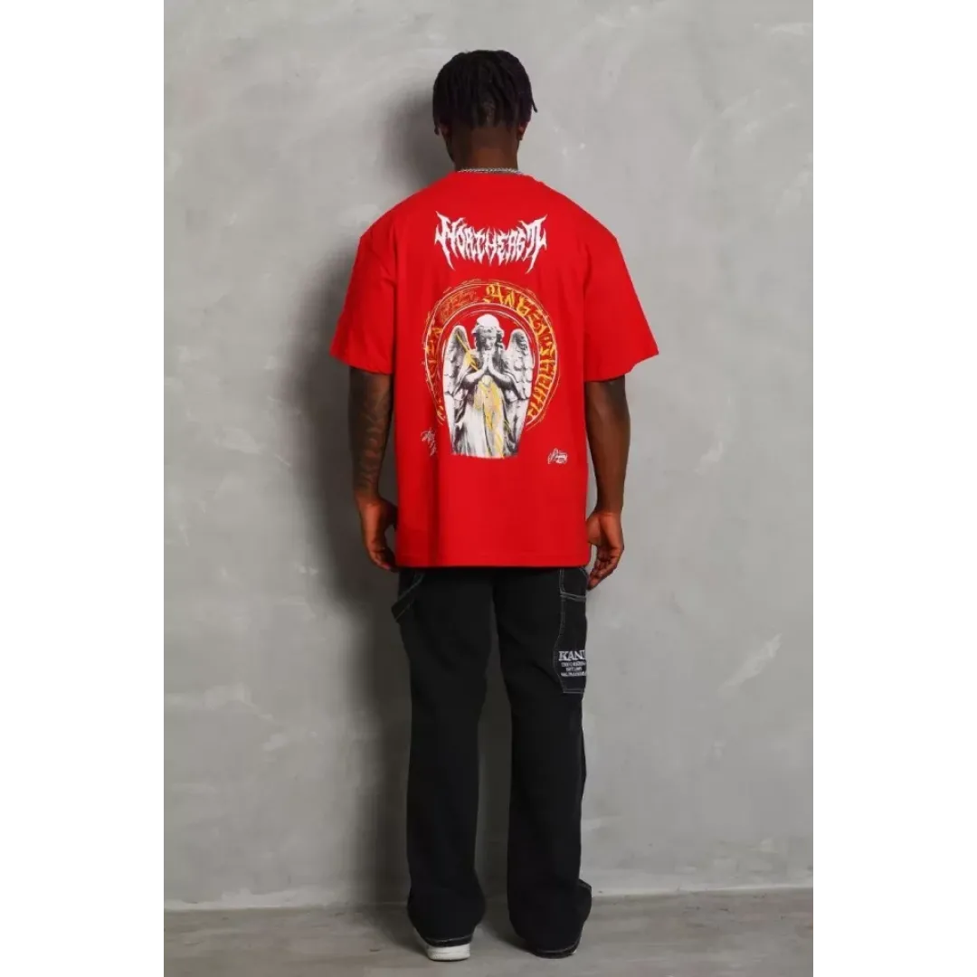 Unisex Oversize Baskılı Bisiklet Yaka T-Shirt - Kırmızı - 93233 Unisex Oversize Baskılı Bisiklet Yaka T-Shirt - Kırmızı - 93233