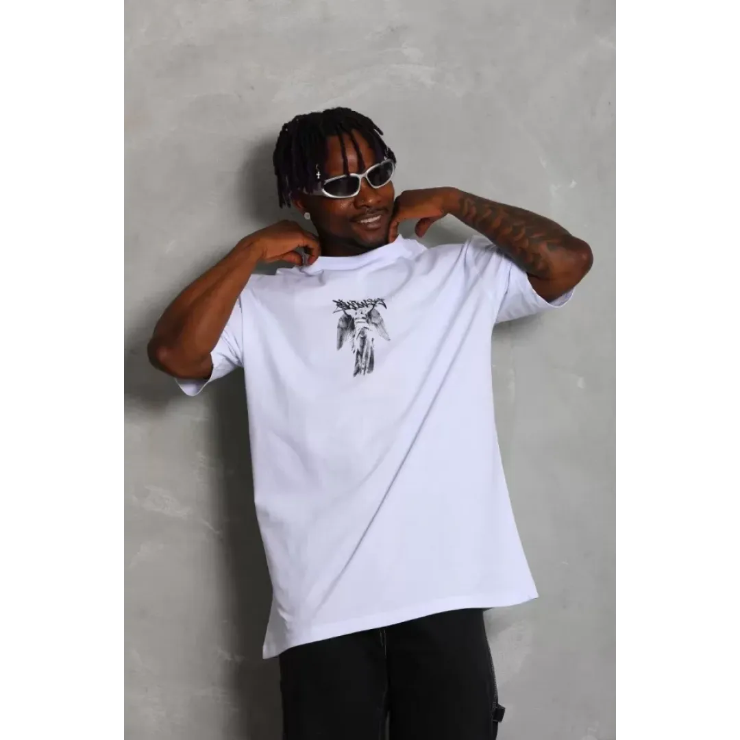 Unisex Oversize Baskılı Bisiklet Yaka T-Shirt - Beyaz - 93234 Unisex Oversize Baskılı Bisiklet Yaka T-Shirt - Beyaz - 93234