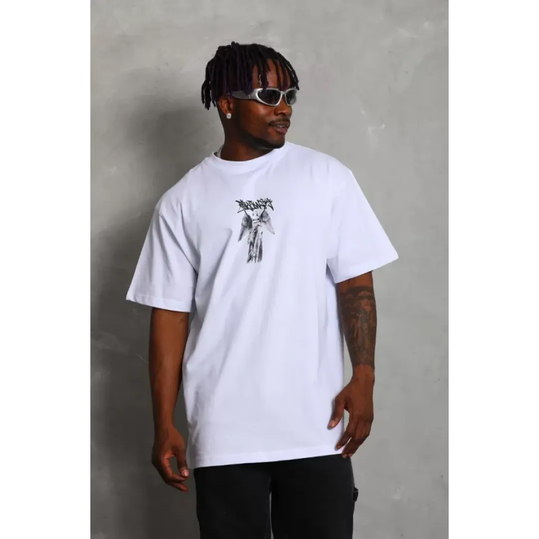 Unisex Oversize Baskılı Bisiklet Yaka T-Shirt - Beyaz - 93234 Unisex Oversize Baskılı Bisiklet Yaka T-Shirt - Beyaz - 93234