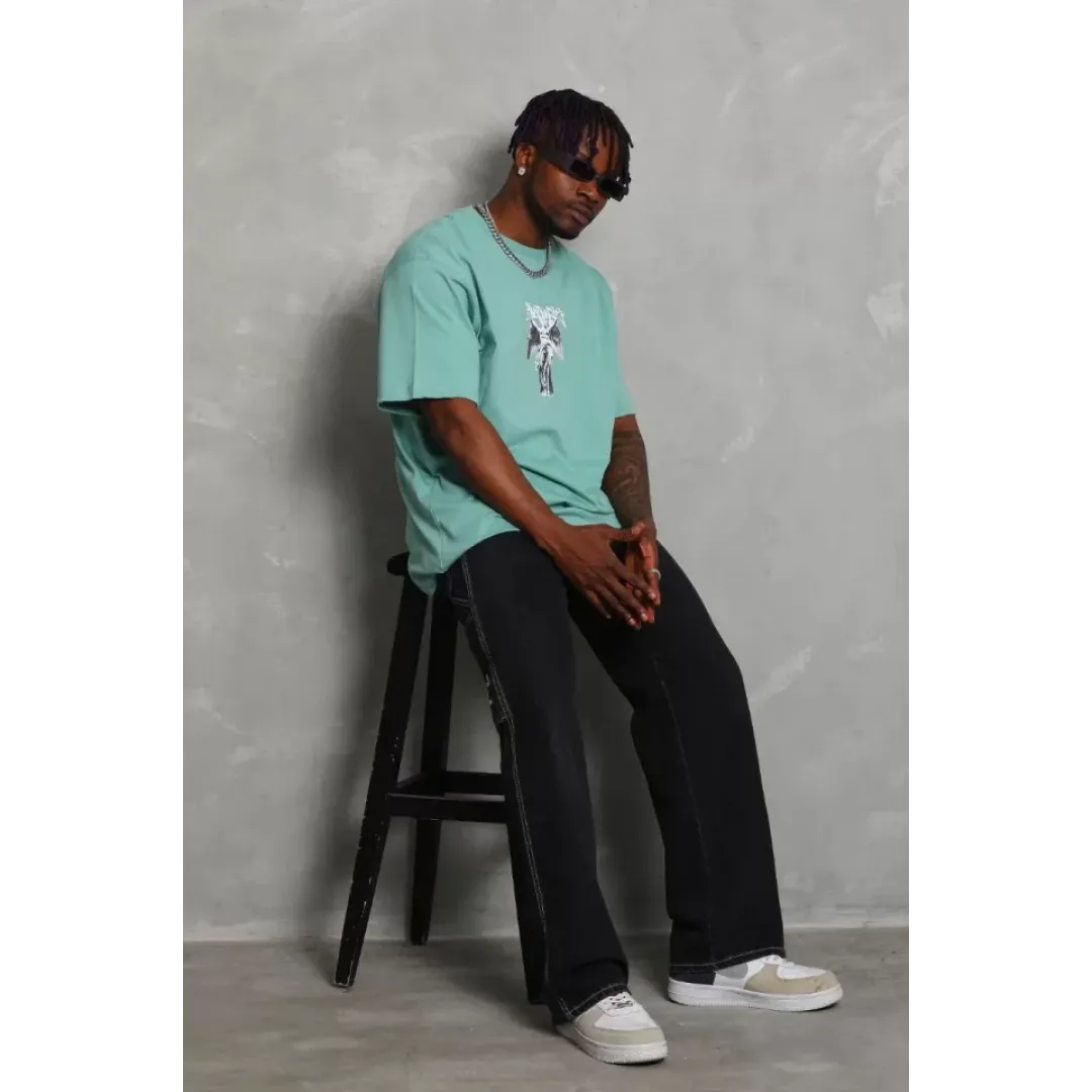 Unisex Oversize Baskılı Bisiklet Yaka T-Shirt - Mint Yeşili - 93235 Unisex Oversize Baskılı Bisiklet Yaka T-Shirt - Mint Yeşili - 93235