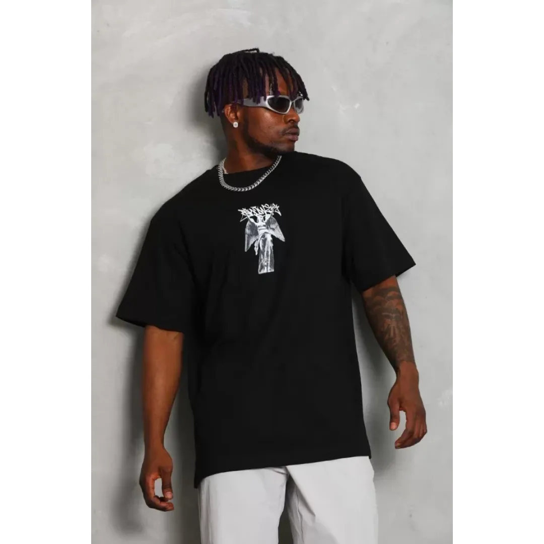 Unisex Oversize Baskılı Bisiklet Yaka T-Shirt - Siyah - 93236 Unisex Oversize Baskılı Bisiklet Yaka T-Shirt - Siyah - 93236