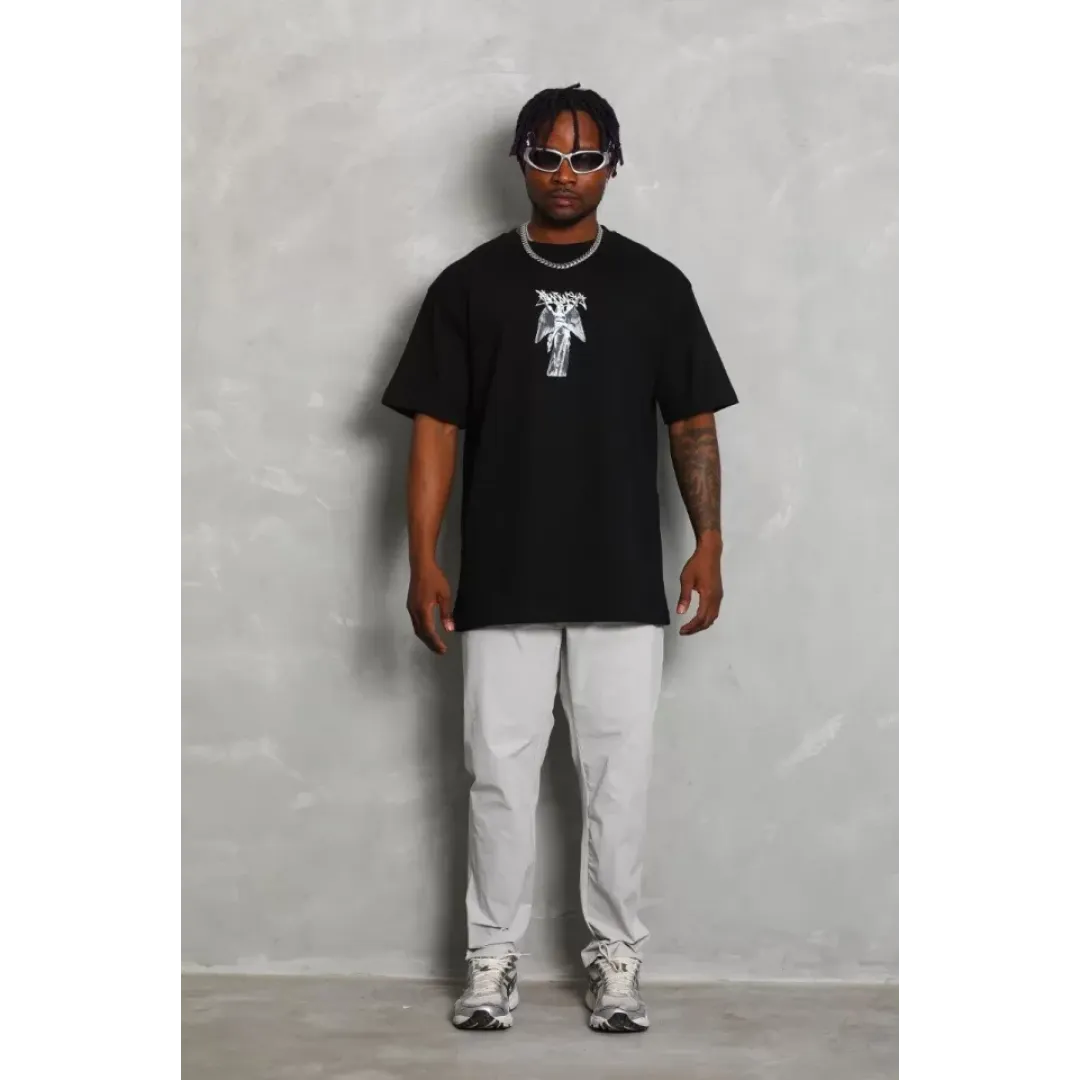 Unisex Oversize Baskılı Bisiklet Yaka T-Shirt - Siyah - 93236 Unisex Oversize Baskılı Bisiklet Yaka T-Shirt - Siyah - 93236