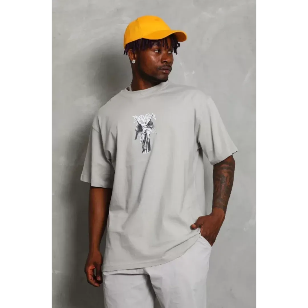 Unisex Oversize Baskılı Bisiklet Yaka T-Shirt - Gri - 93237