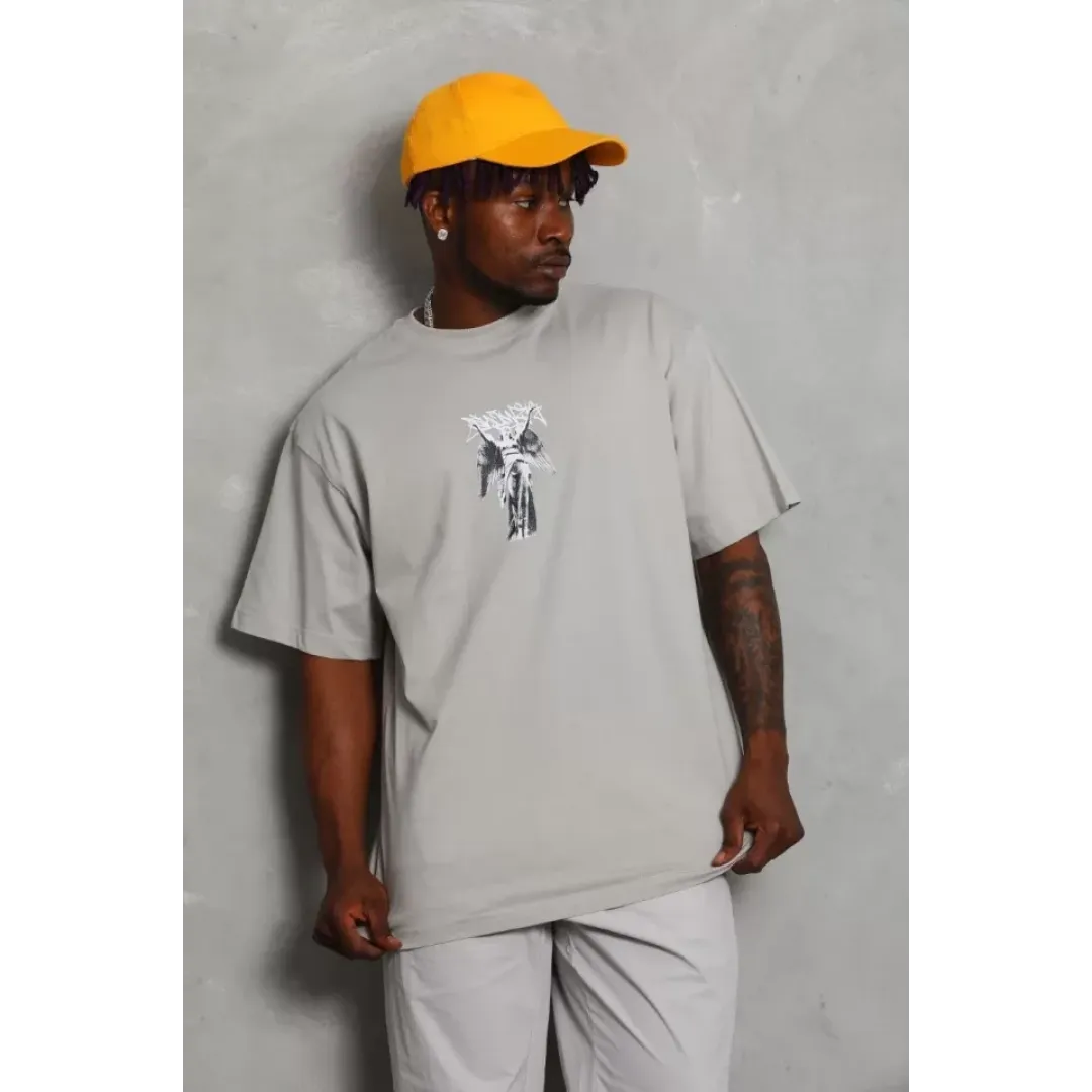 Unisex Oversize Baskılı Bisiklet Yaka T-Shirt - Gri - 93237