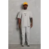 Unisex Oversize Baskılı Bisiklet Yaka T-Shirt - Gri - 93237