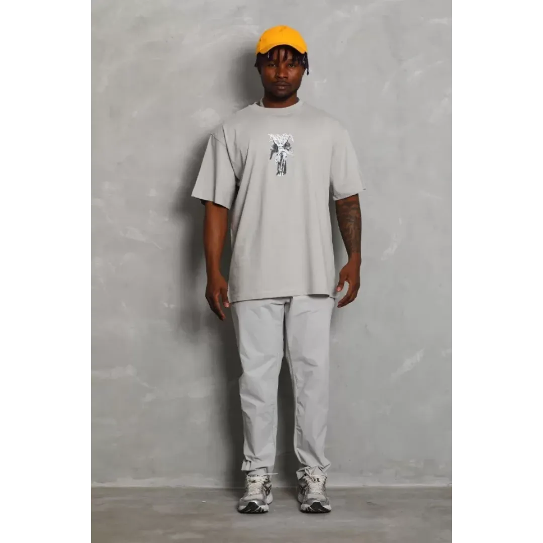 Unisex Oversize Baskılı Bisiklet Yaka T-Shirt - Gri - 93237