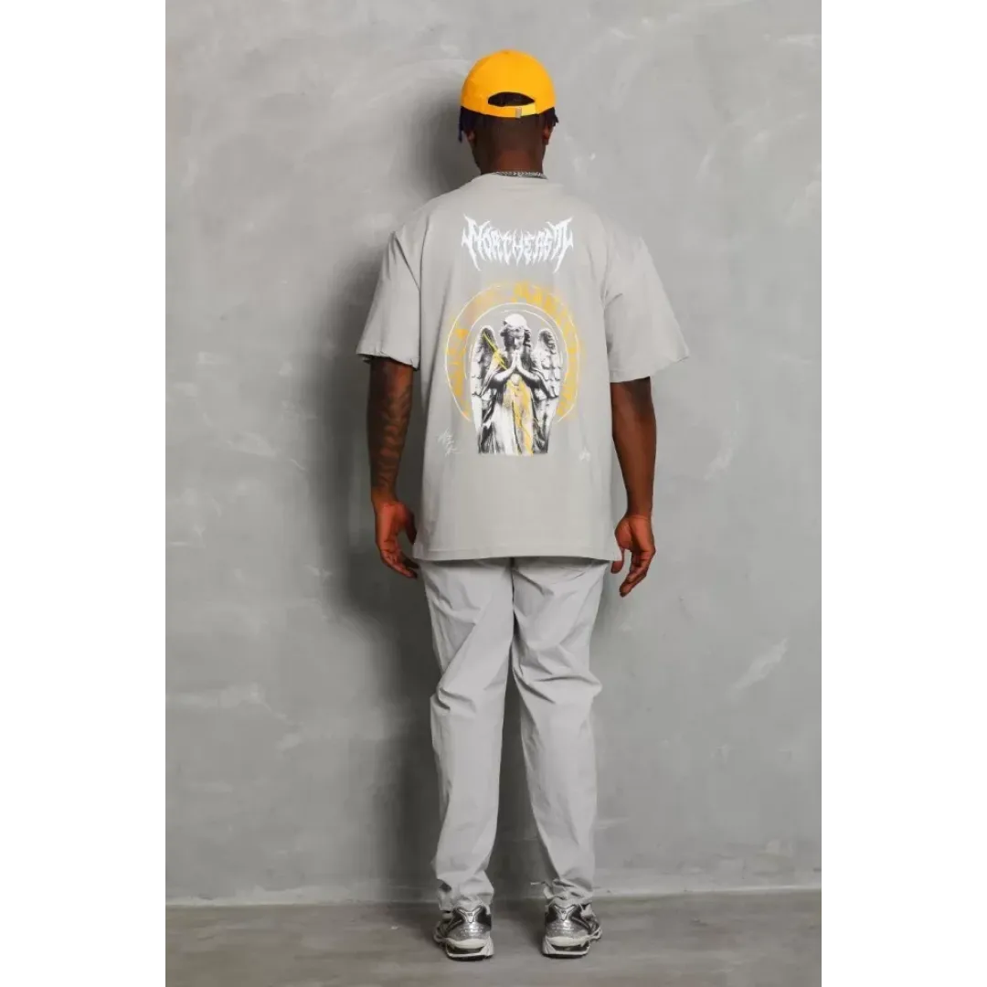 Unisex Oversize Baskılı Bisiklet Yaka T-Shirt - Gri - 93237