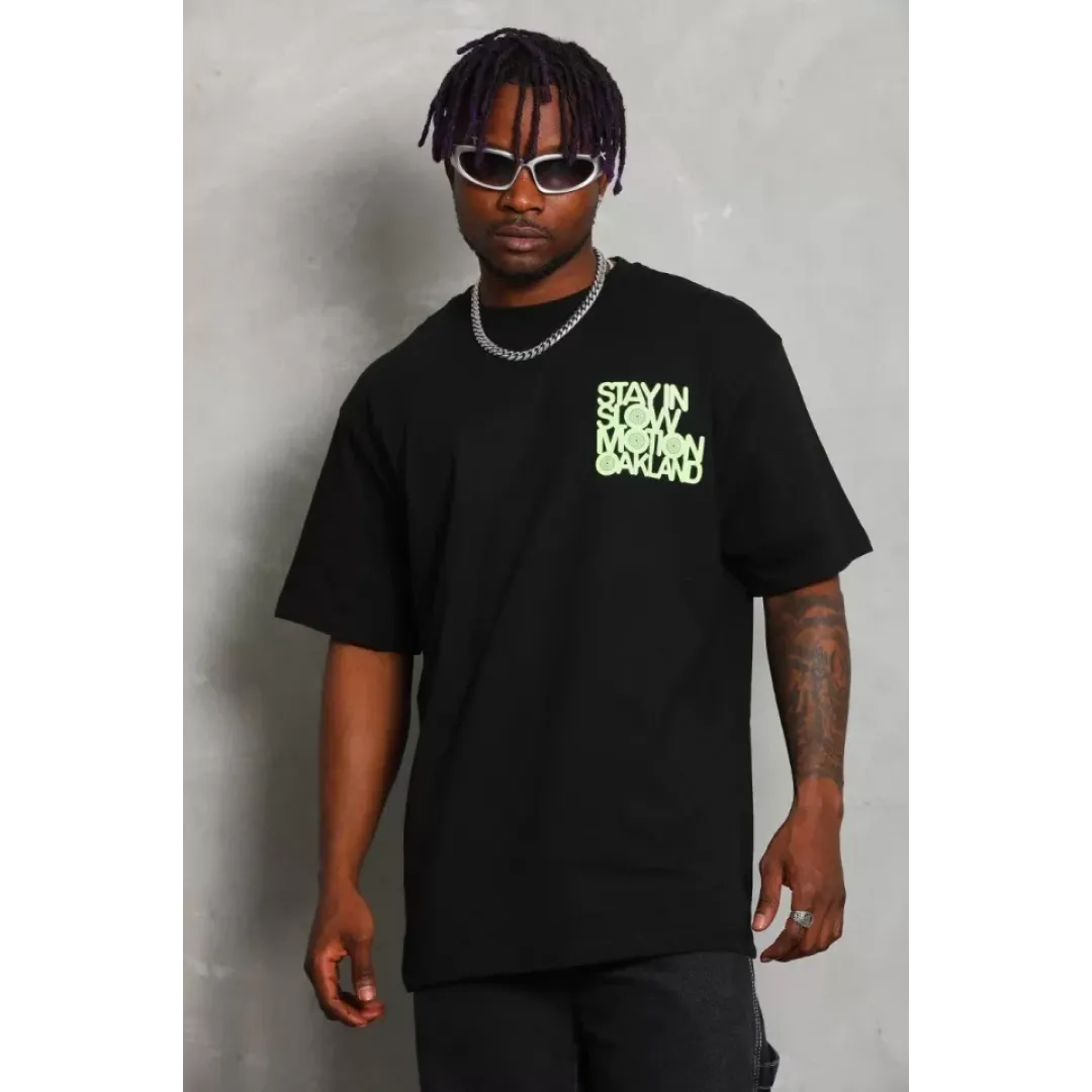 Unisex Oversize Baskılı Bisiklet Yaka T-Shirt - Siyah - 93238 Unisex Oversize Baskılı Bisiklet Yaka T-Shirt - Siyah - 93238