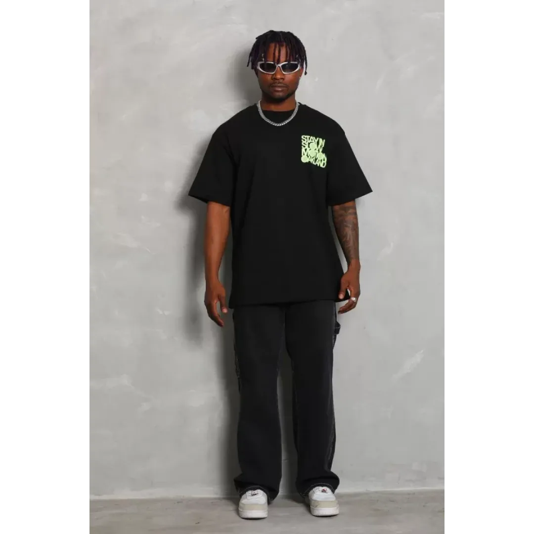 Unisex Oversize Baskılı Bisiklet Yaka T-Shirt - Siyah - 93238 Unisex Oversize Baskılı Bisiklet Yaka T-Shirt - Siyah - 93238