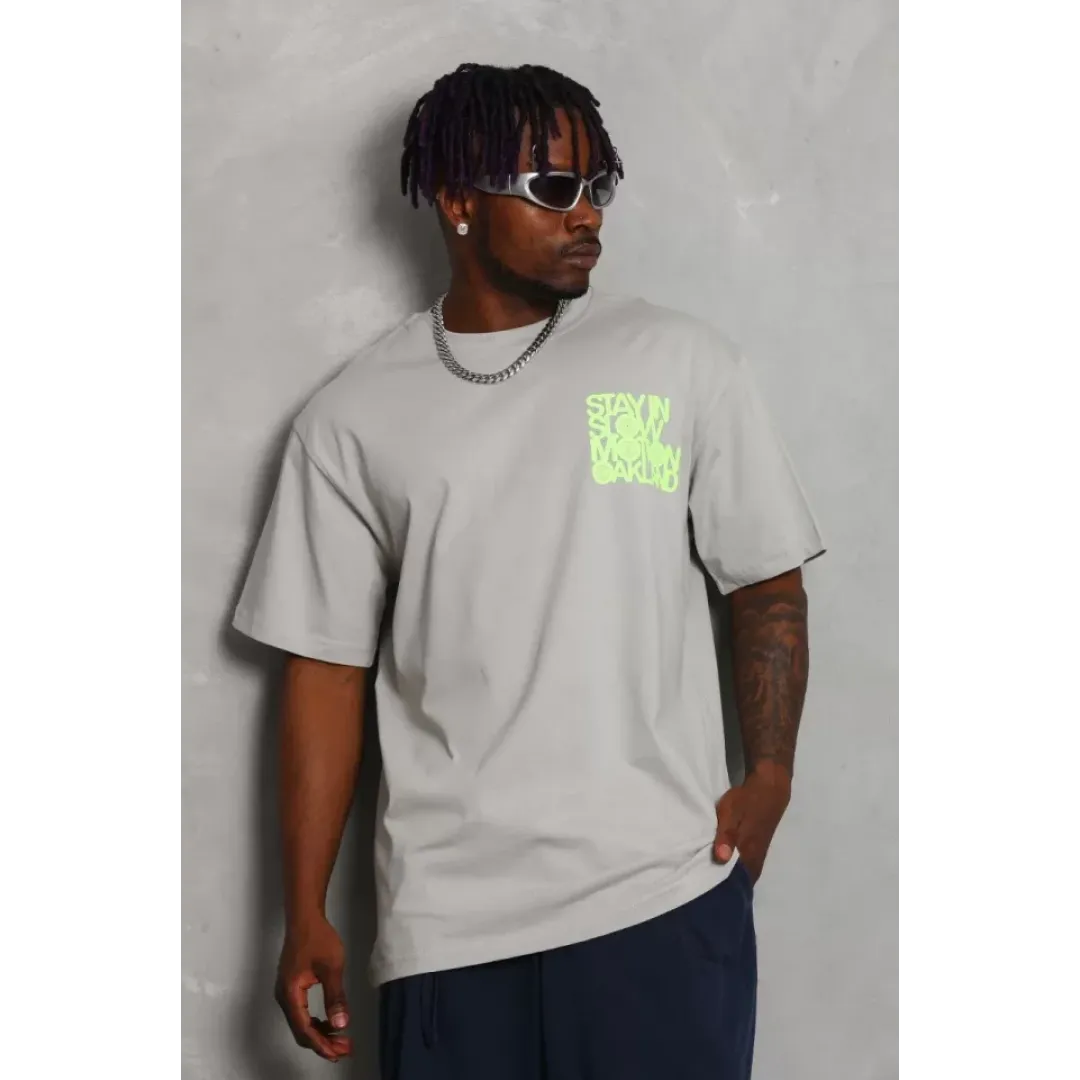 Unisex Oversize Baskılı Bisiklet Yaka T-Shirt - Gri - 93239 Unisex Oversize Baskılı Bisiklet Yaka T-Shirt - Gri - 93239
