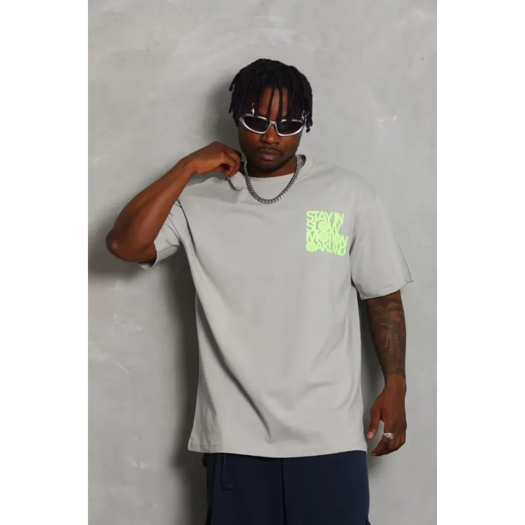 Unisex Oversize Baskılı Bisiklet Yaka T-Shirt - Gri - 93239 Unisex Oversize Baskılı Bisiklet Yaka T-Shirt - Gri - 93239