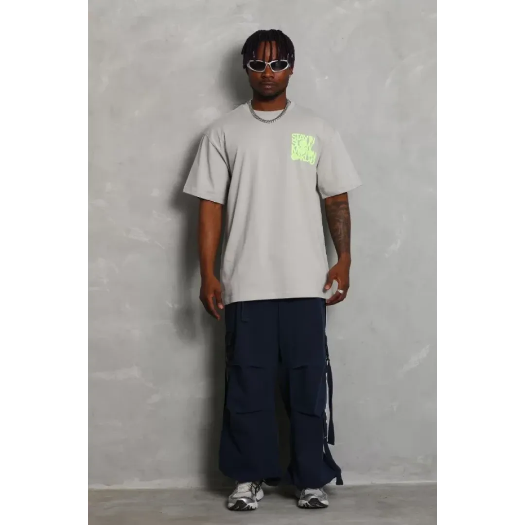 Unisex Oversize Baskılı Bisiklet Yaka T-Shirt - Gri - 93239 Unisex Oversize Baskılı Bisiklet Yaka T-Shirt - Gri - 93239