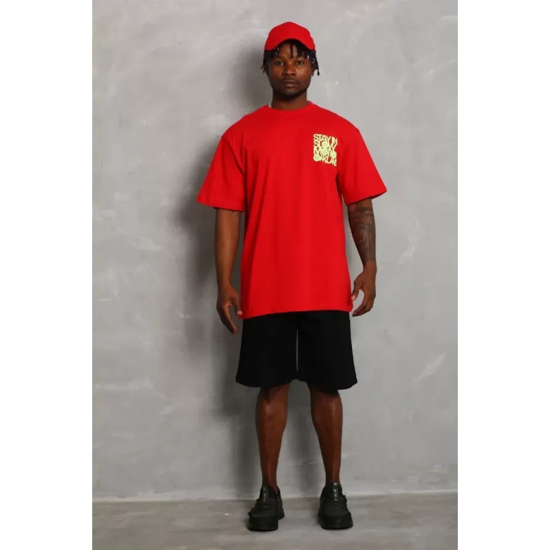 Unisex Oversize Baskılı Bisiklet Yaka T-Shirt - Kırmızı - 93241