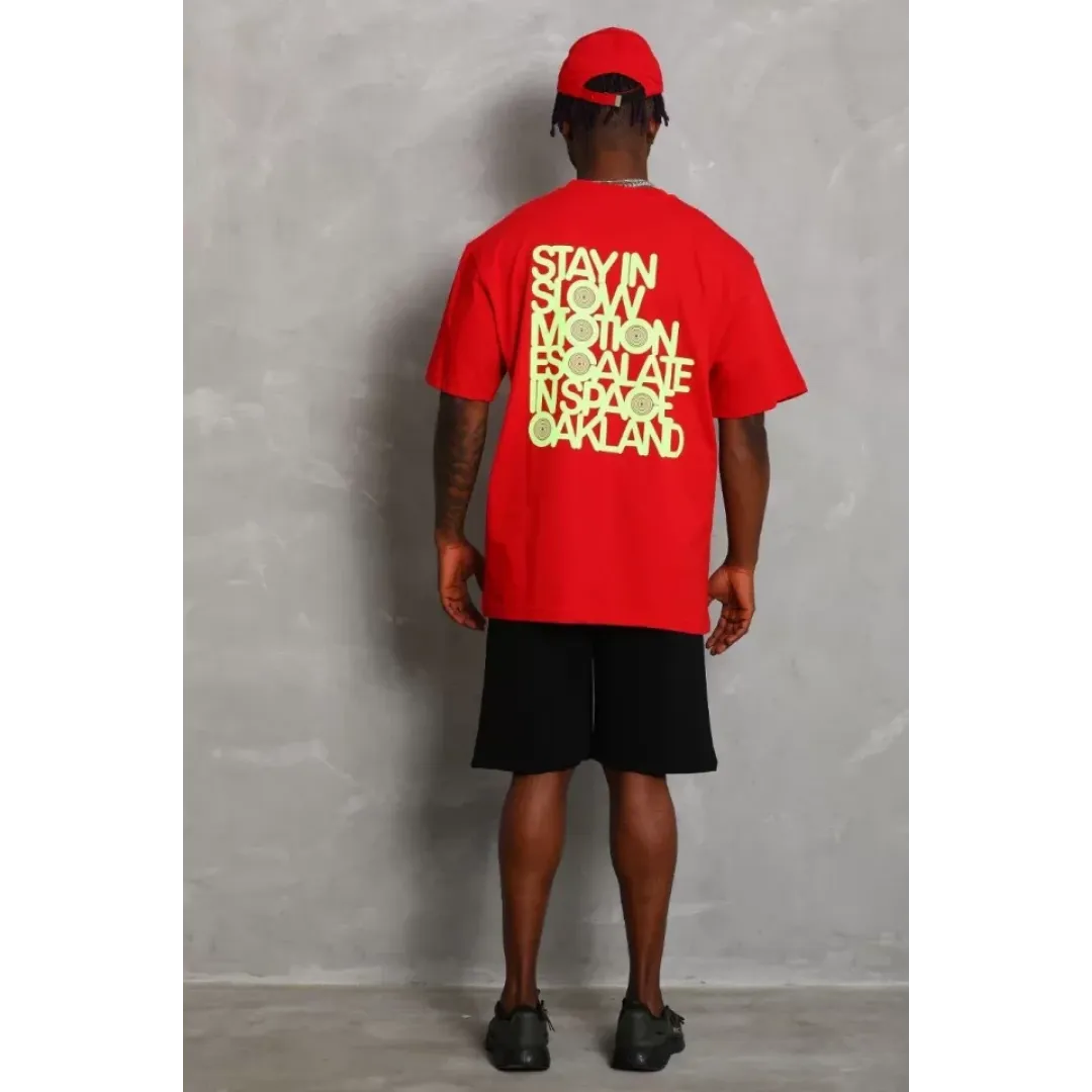 Unisex Oversize Baskılı Bisiklet Yaka T-Shirt - Kırmızı - 93241
