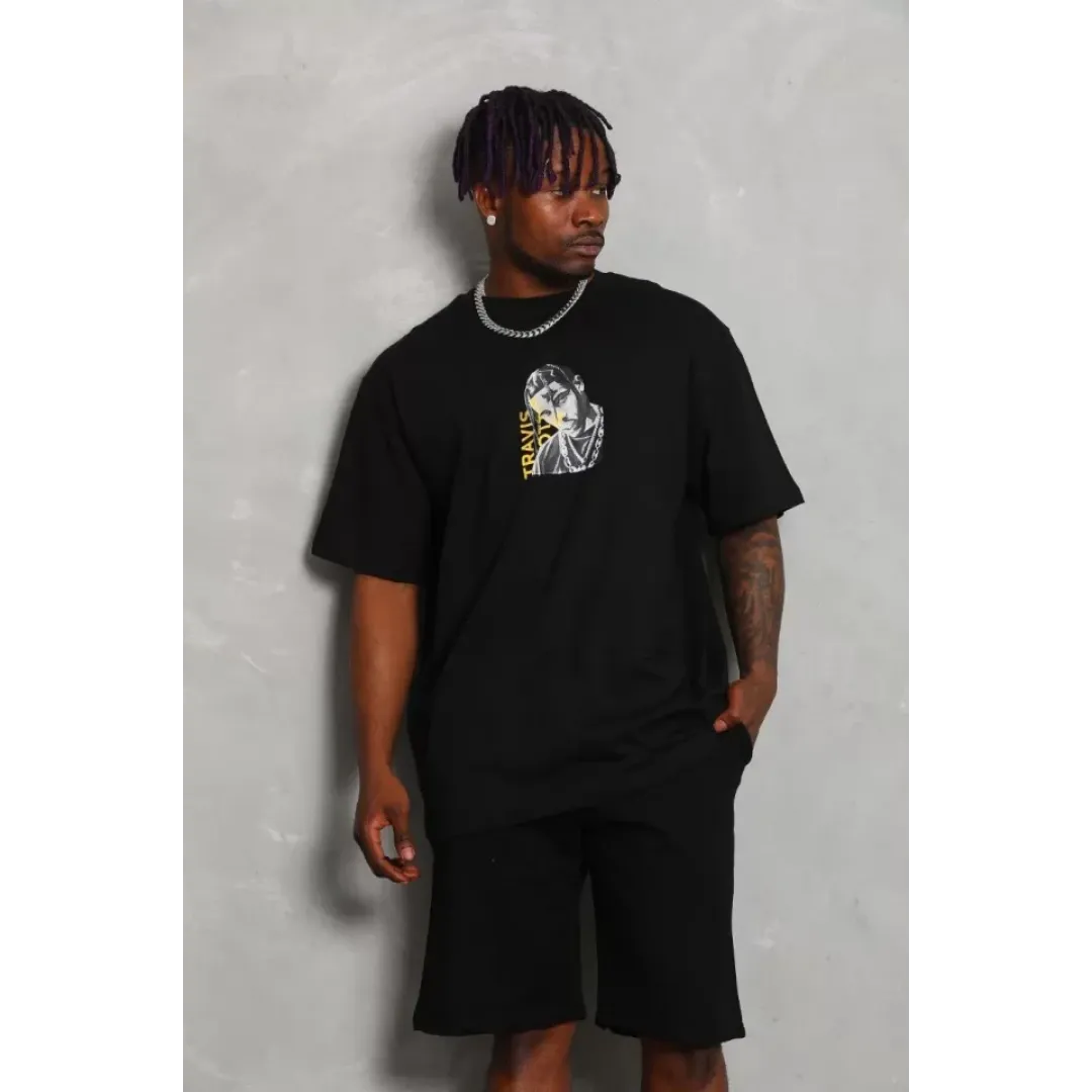 Unisex Oversize Baskılı Bisiklet Yaka T-Shirt - Siyah - 93243 Unisex Oversize Baskılı Bisiklet Yaka T-Shirt - Siyah - 93243