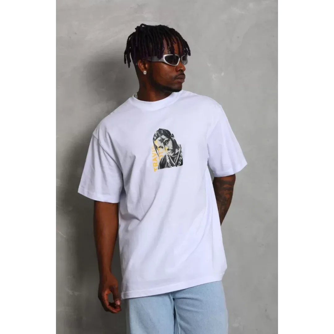 Unisex Oversize Baskılı Bisiklet Yaka T-Shirt - Beyaz - 93244 Unisex Oversize Baskılı Bisiklet Yaka T-Shirt - Beyaz - 93244