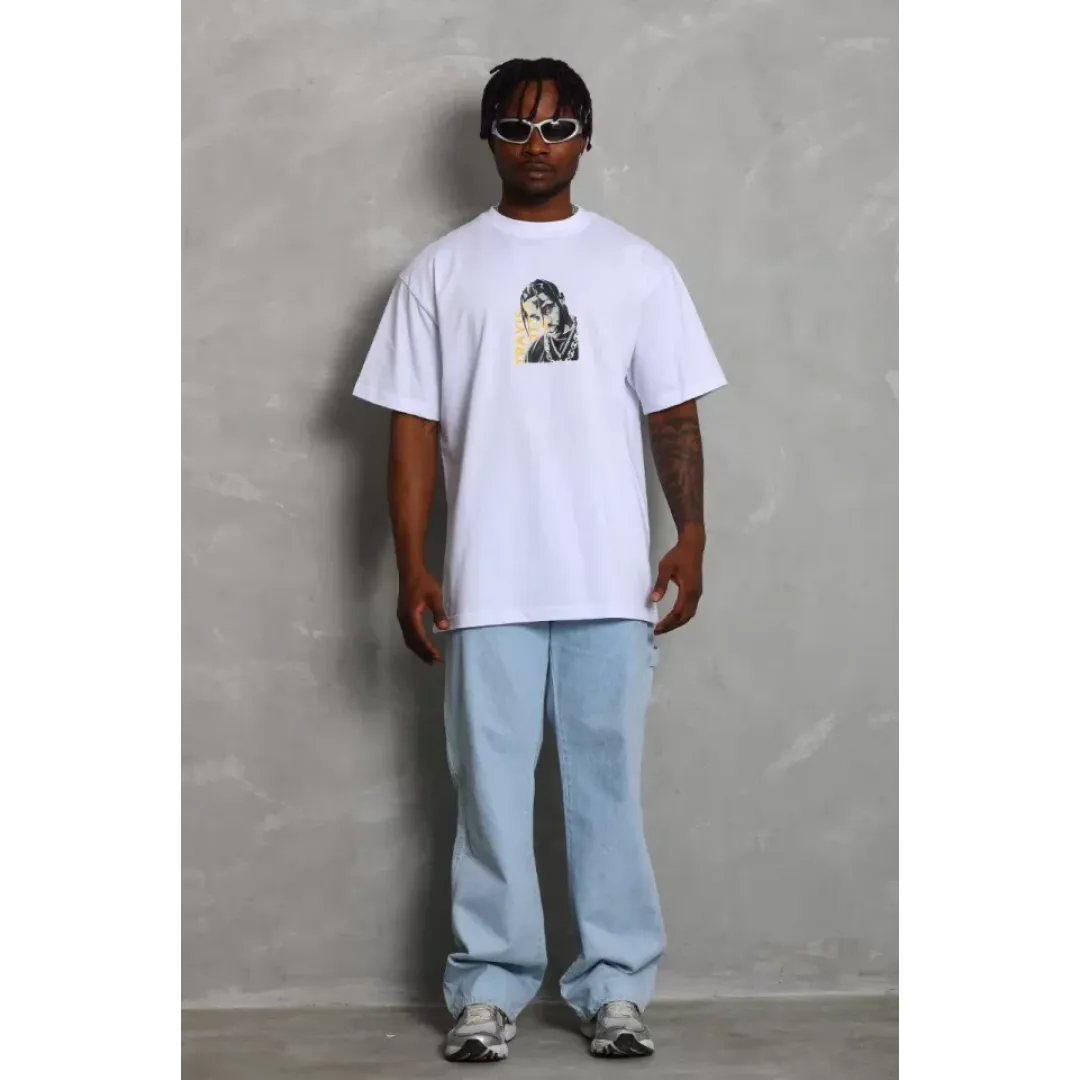 Unisex Oversize Baskılı Bisiklet Yaka T-Shirt - Beyaz - 93244 Unisex Oversize Baskılı Bisiklet Yaka T-Shirt - Beyaz - 93244