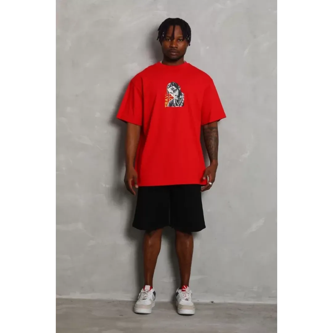 Unisex Oversize Baskılı Bisiklet Yaka T-Shirt - Kırmızı - 93246 Unisex Oversize Baskılı Bisiklet Yaka T-Shirt - Kırmızı - 93246