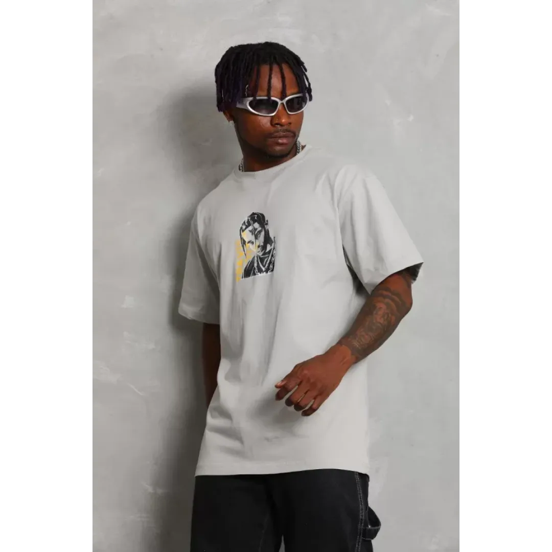 Unisex Oversize Baskılı Bisiklet Yaka T-Shirt - Gri - 93247 Unisex Oversize Baskılı Bisiklet Yaka T-Shirt - Gri - 93247