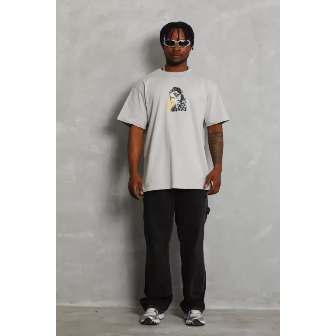Unisex Oversize Baskılı Bisiklet Yaka T-Shirt - Gri - 93247 Unisex Oversize Baskılı Bisiklet Yaka T-Shirt - Gri - 93247