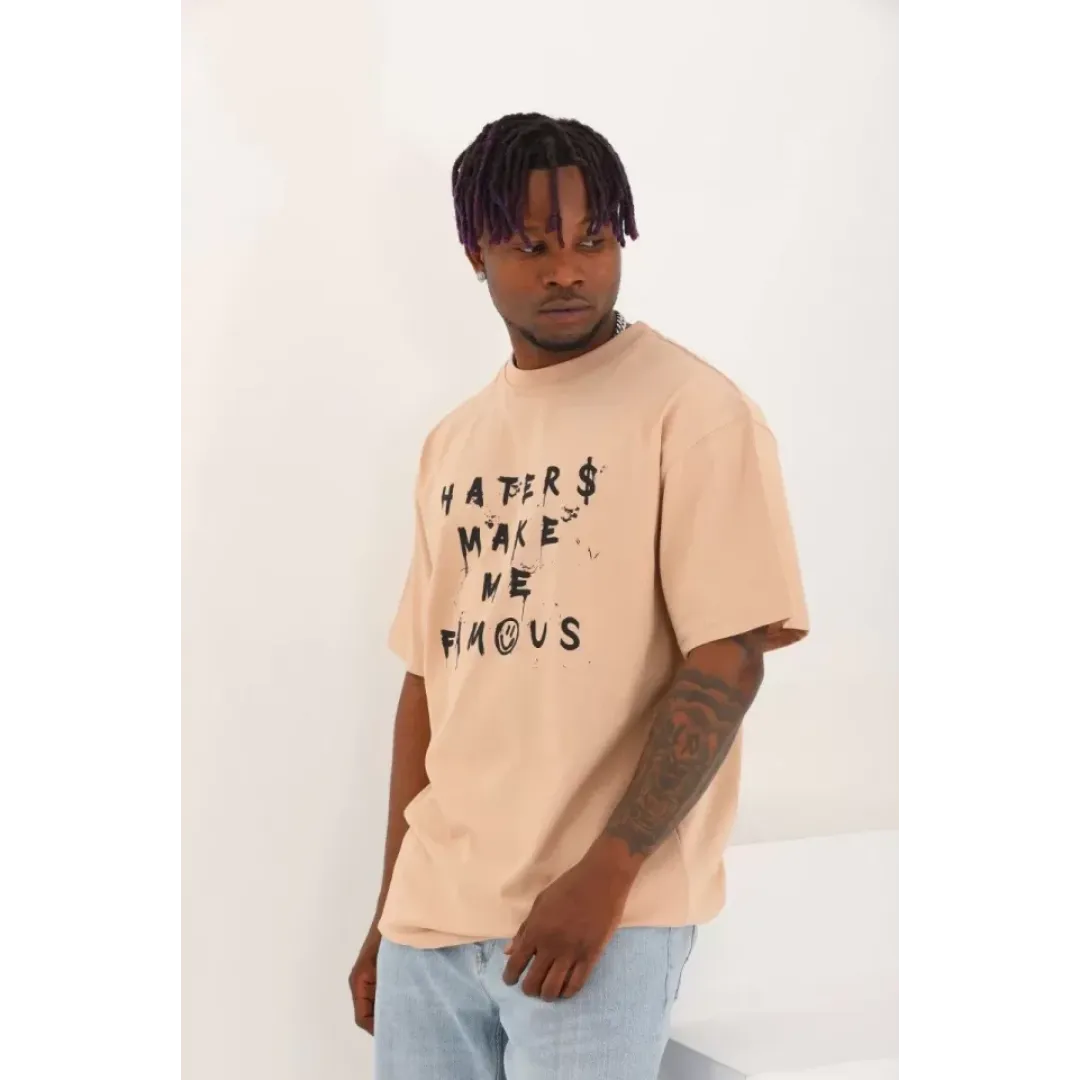 Unisex Oversize Baskılı Bisiklet Yaka T-Shirt - Bej - 93249 Unisex Oversize Baskılı Bisiklet Yaka T-Shirt - Bej - 93249