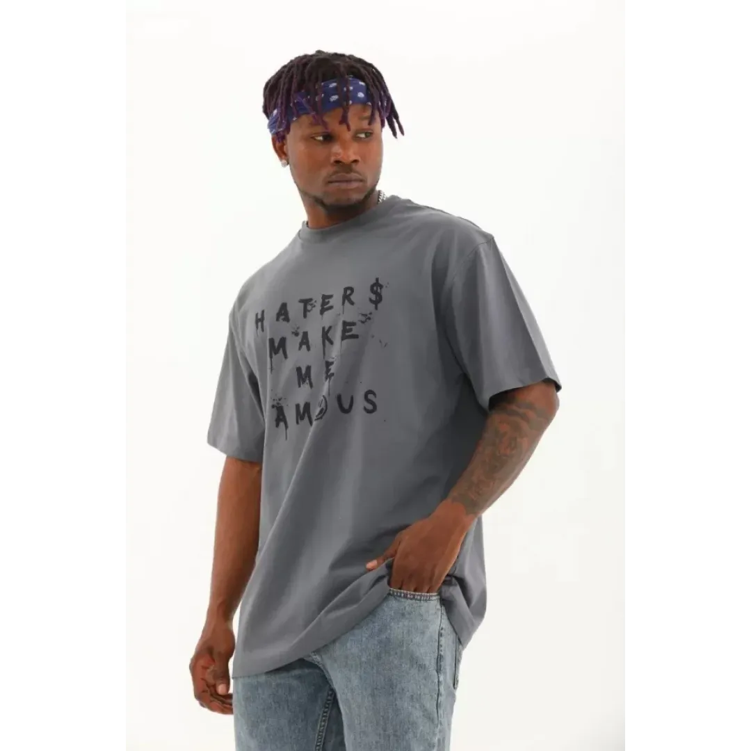 Unisex Oversize Baskılı Bisiklet Yaka T-Shirt - Füme - 93251